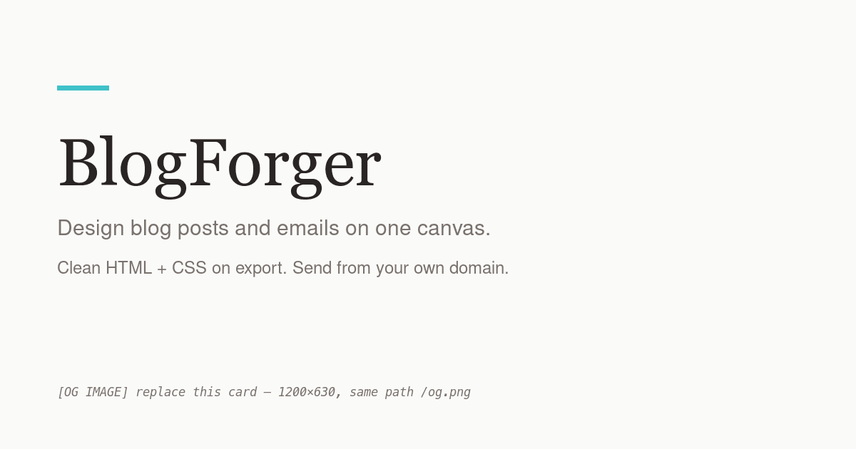 BlogForge visual editor with a drag-and-drop canvas for blog posts and email newsletters